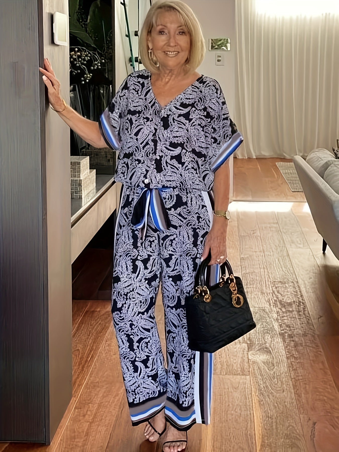  Paisley & Striped Print Top & Pants Outfits Set