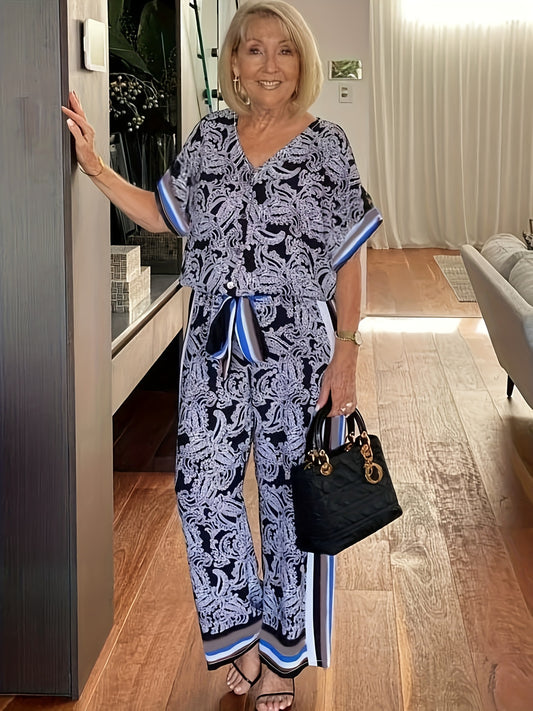  Paisley & Striped Print Top & Pants Outfits Set