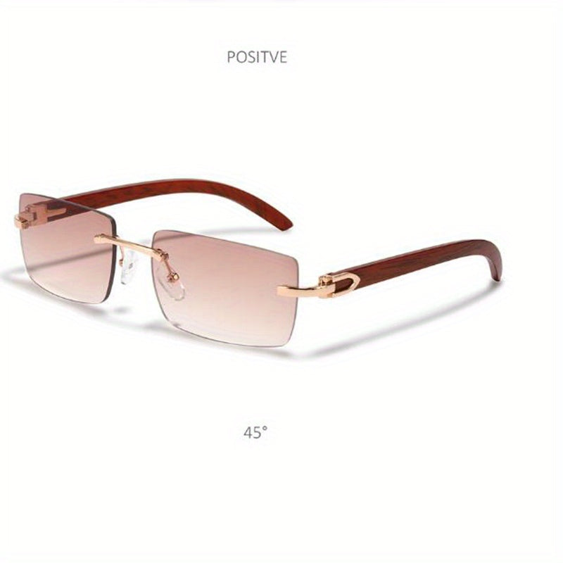 Wood Grain Rectangle Rimless Sunglasses UV400 Sun Shades