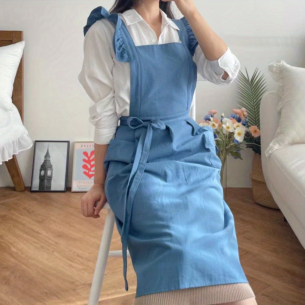 Ruffled Linen Apron X Back Pockets for Chefs Gardeners Cooks Bakers Florists
