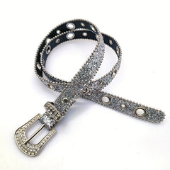 Eyelet Sequin Belt Silvery Hip Hop Thin PU Belt Jeans Pants Skirt Girdle