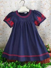 Girls Floral Embroidery Short Sleeve Cotton Dress Boho Style