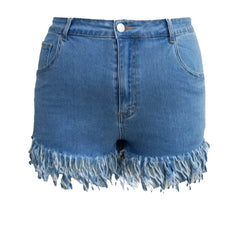  Fringe Trim High Rise Skinny Denim Shorts