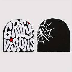 Unisex Reversible Spider Web Letter Jacquard Beanie Y2K Knit Hat