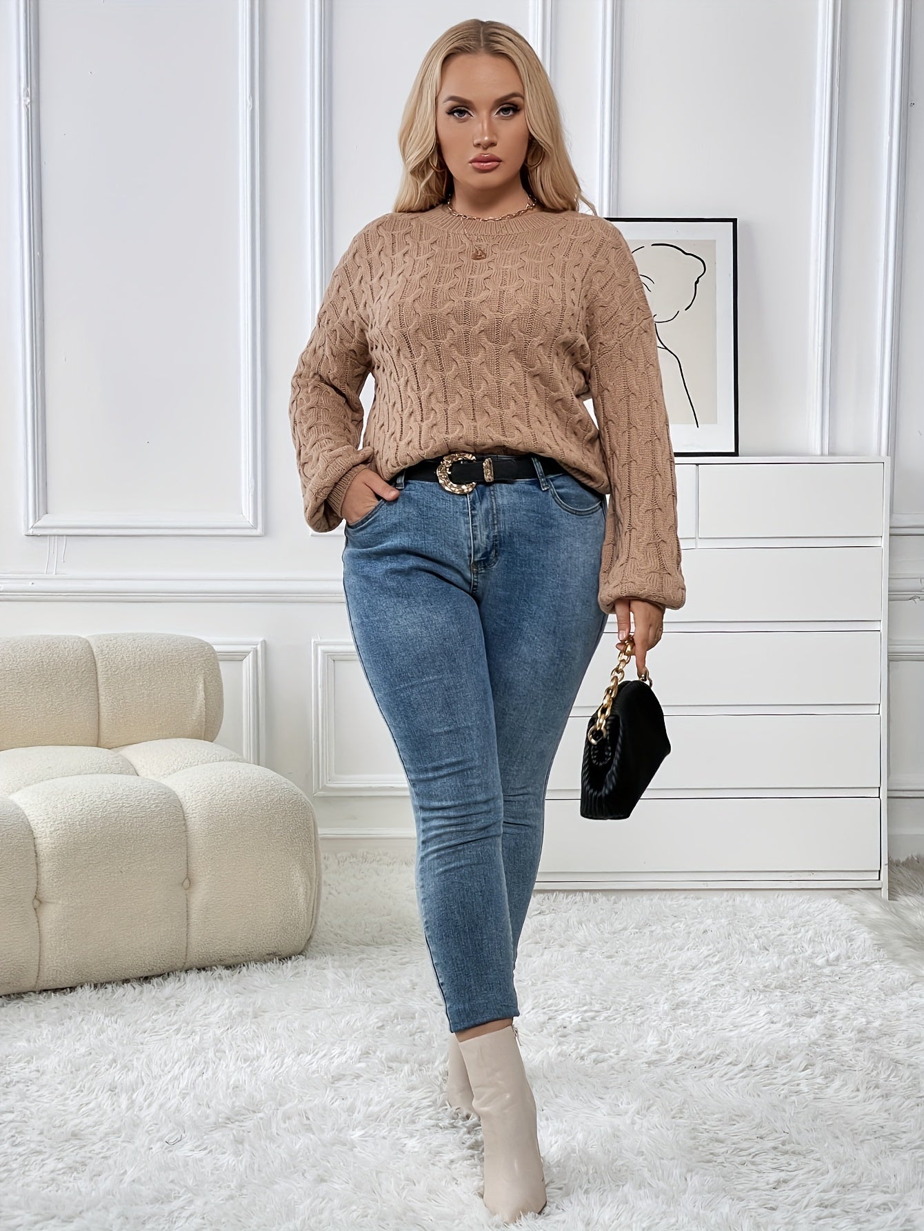  Solid Cable Lantern Sleeve Round Neck High Stretch Jumper