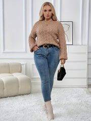  Solid Cable Lantern Sleeve Round Neck High Stretch Jumper