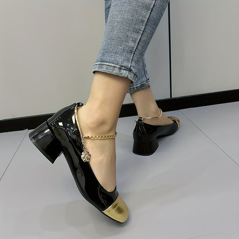 Women's Colorblock Chunky Low Heels Square Toe Chain Ankle Strap Shoes