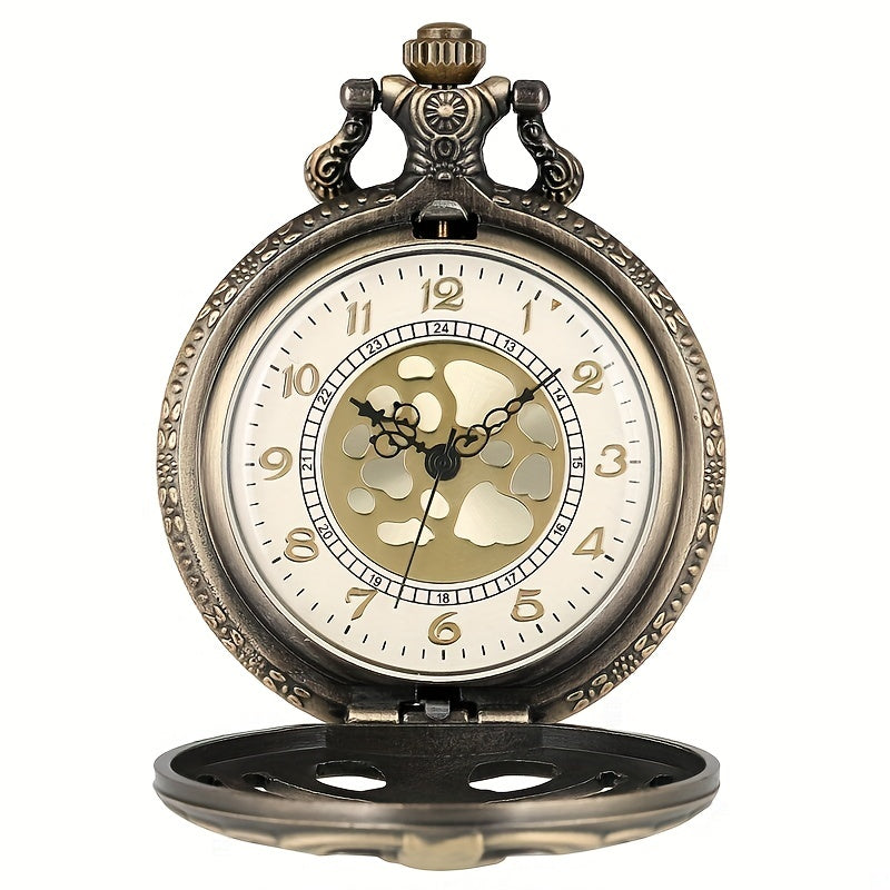 Vintage Hollow Skeleton Pocket Watch Large Dial Quartz Thin Chain Men