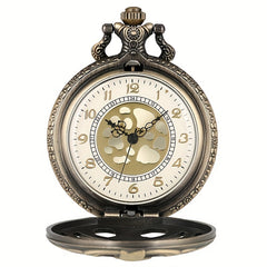 Vintage Hollow Skeleton Pocket Watch Large Dial Quartz Thin Chain Men