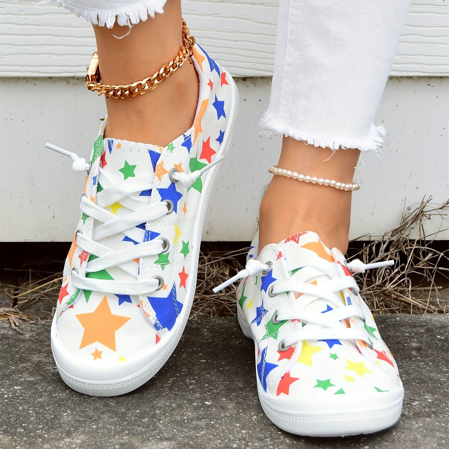Women's Star Printed Canvas Shoes Colorful Lace Up Low Top Flat Shoes