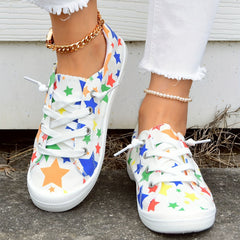 Women's Star Printed Canvas Shoes Colorful Lace Up Low Top Flat Shoes