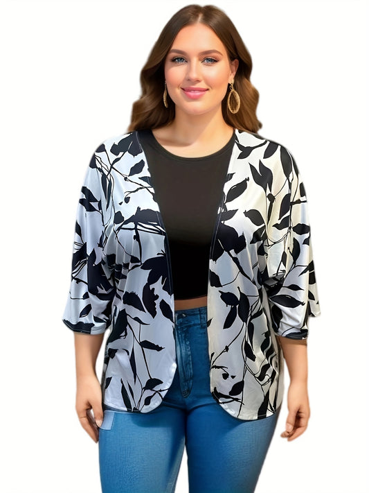  Leaf Print Long Sleeve Open Front Cardigan