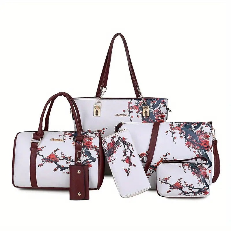 6pcs Floral Print Tote Bag Women Shoulder Handbag Crossbody Wallet Purse