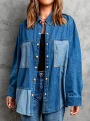  Colorblock Denim Top Women's Long Sleeve Button Up Loose Fit Shirt