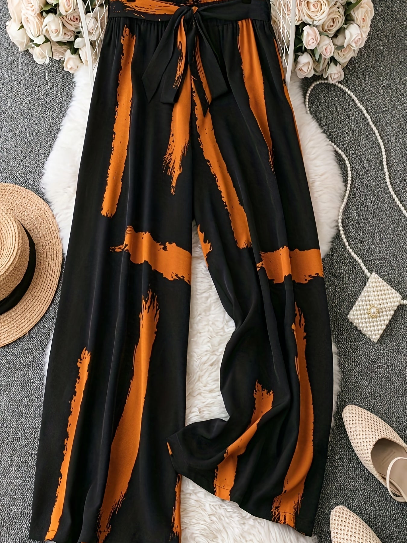Plus Size Brush Print Wide Leg Pants with Bow Knot Front