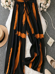 Plus Size Brush Print Wide Leg Pants with Bow Knot Front