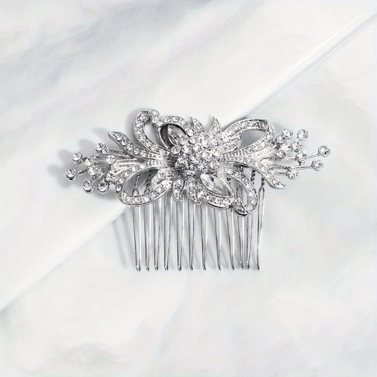Rhinestone Flower Decor Hair Comb Vintage Alloy Hair Pin Bridal Wedding Headwear