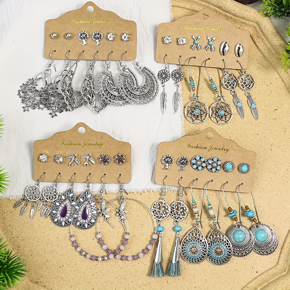Boho Holiday Earrings Set Silver Geometric Retro Ear Jewelry