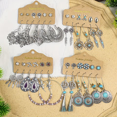 Boho Holiday Earrings Set Silver Geometric Retro Ear Jewelry