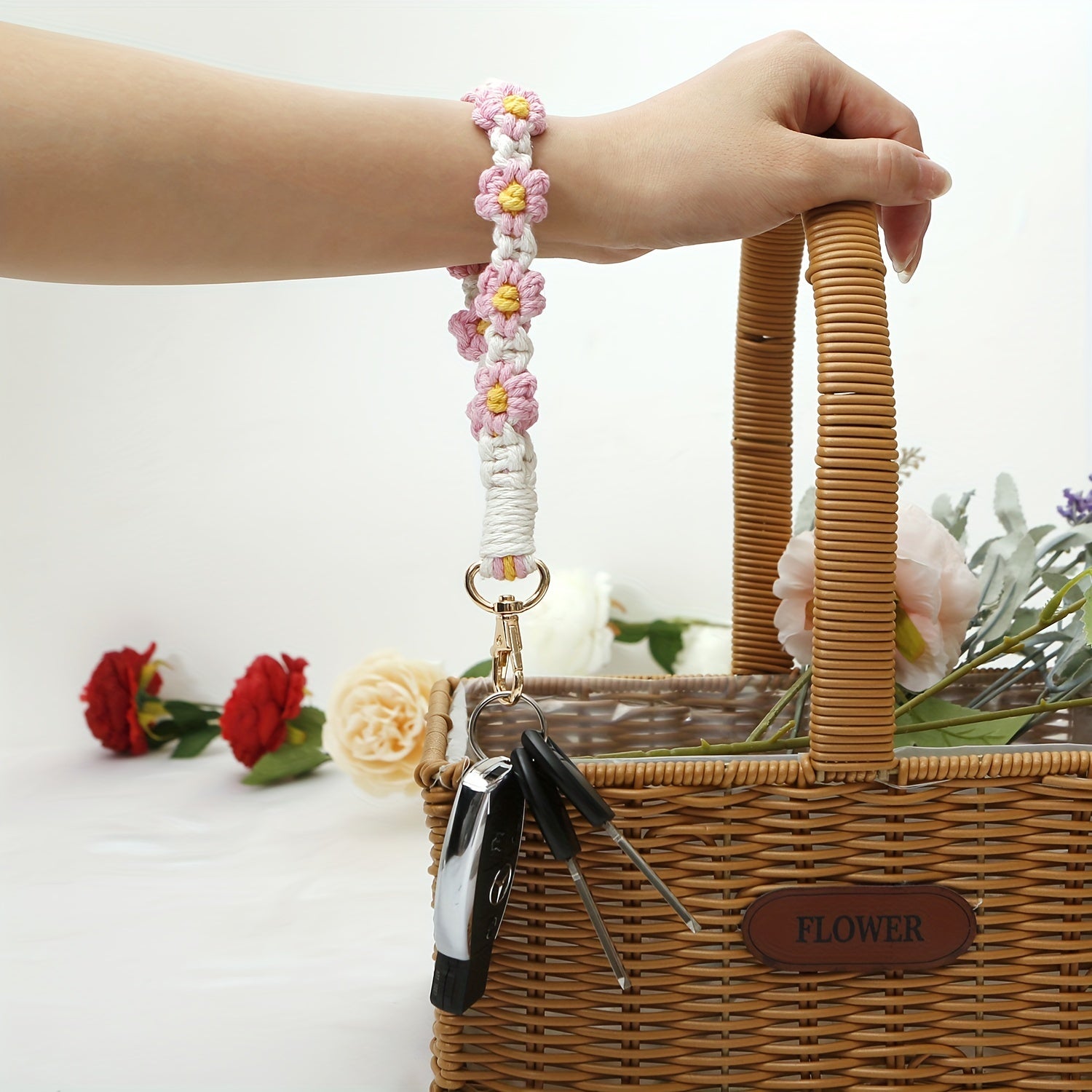 Daisy Flower Wrist Key Chain + Hand Woven Key Ring