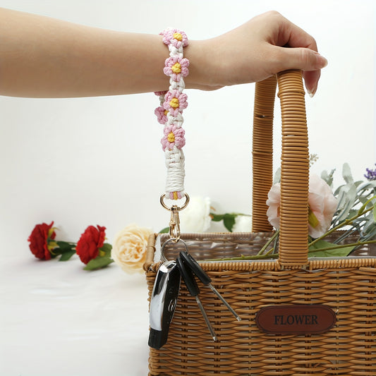 Daisy Flower Wrist Key Chain + Hand Woven Key Ring