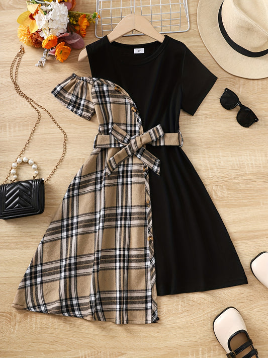 Girls' Asymmetric Plaid Stitching Short Sleeve Casual Dress