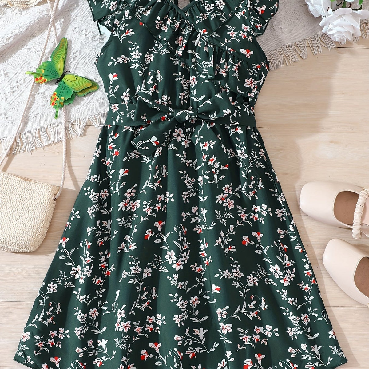 Girls Flower Print Dress with Waist Band - Summer Clothes