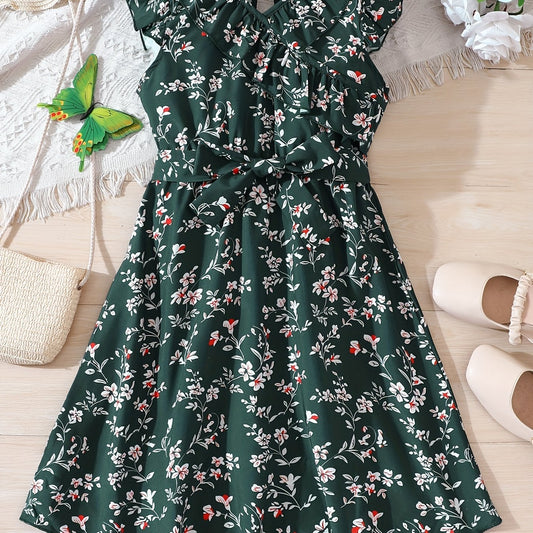 Girls Flower Print Dress with Waist Band - Summer Clothes