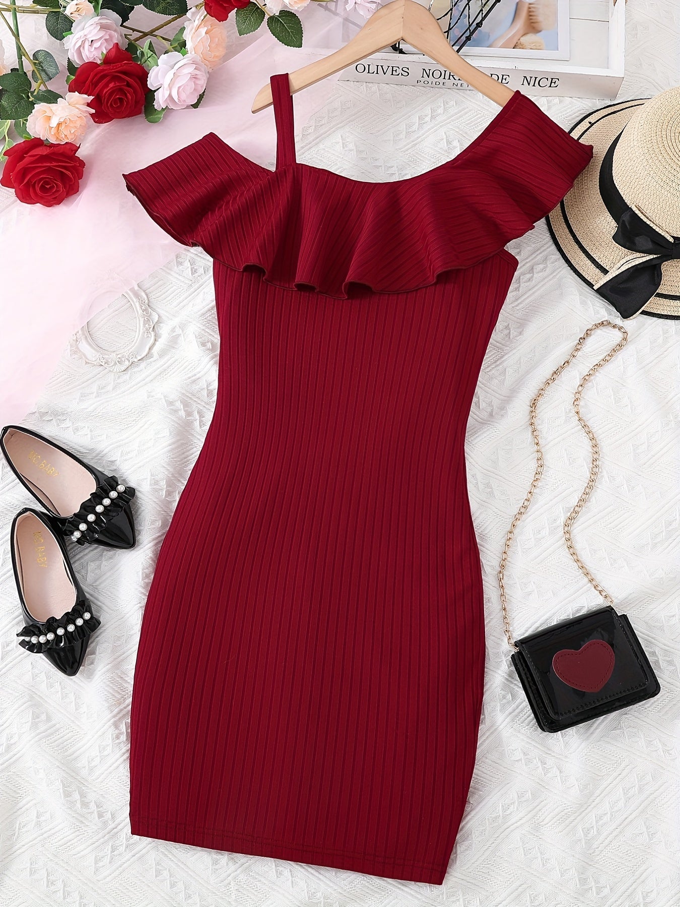 Girls One Shoulder Ruffle Collar Sleeveless Dress