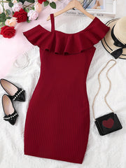 Girls One Shoulder Ruffle Collar Sleeveless Dress