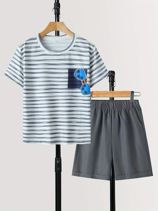 Boys Striped Sunglasses Graphic Print T shirt & Shorts Set for Summer