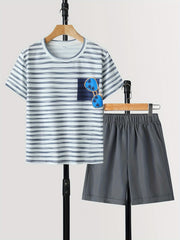 Boys Striped Sunglasses Graphic Print T shirt & Shorts Set for Summer