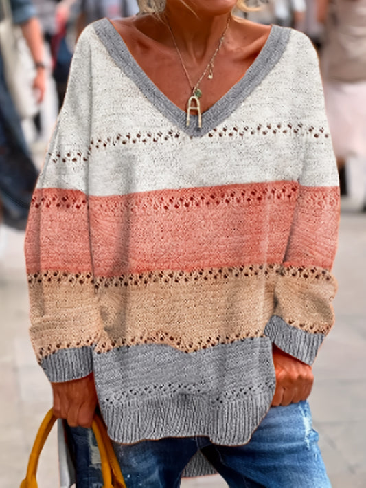  Colorblock V Neck Sweater Long Sleeve
