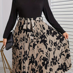  Colorblock Floral Print Long Sleeve Round Neck Dress