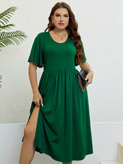  Solid Flutter Sleeve Round Neck Dress