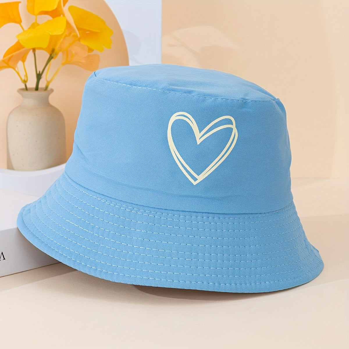 Heart Print Reversible Bucket Hat Solid Couple Fish