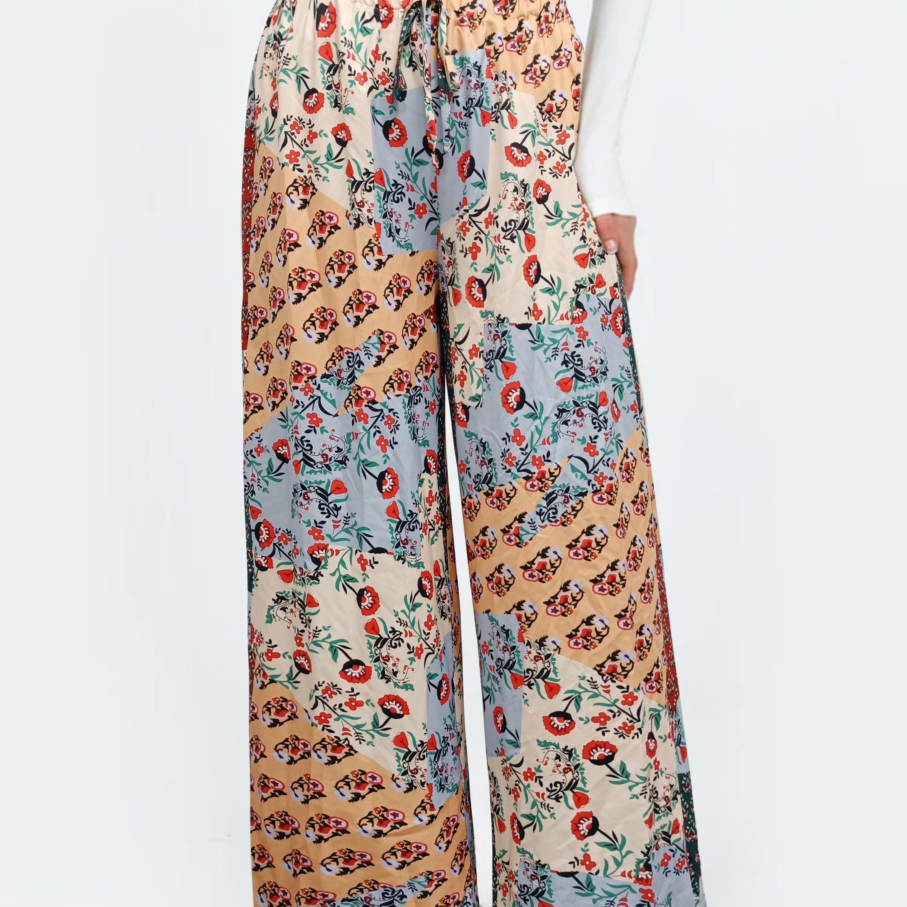  Boho Pants Women's Plus Patchwork Print Wide Leg Trousers
