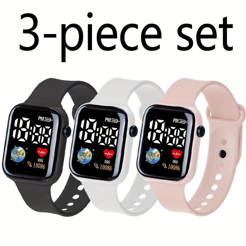 3pcs Multifunctional Clear Sports Electronic Watch for Teens and Students