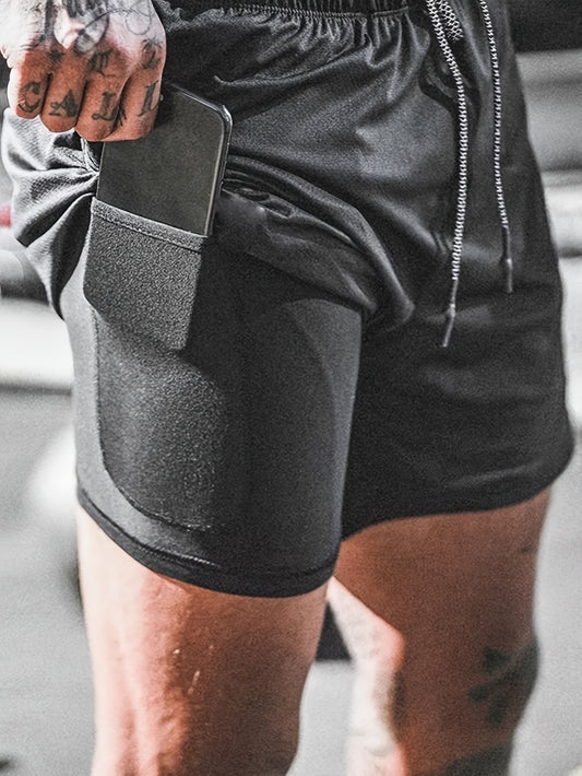 Men's Double Layer Shorts Inner Pocket Stretch Sports Gym Workout Training