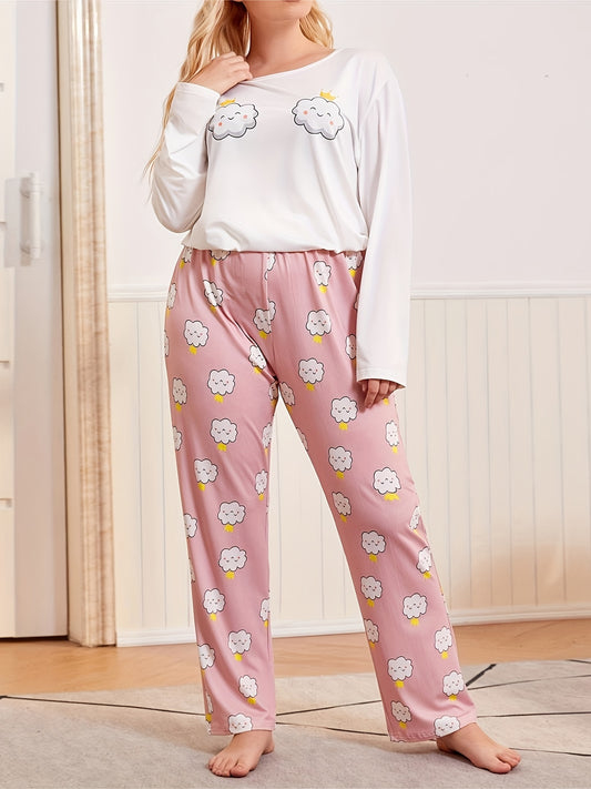  Cloud Print Pajama Set Round Neck Tee & Pants Lounge Two Piece