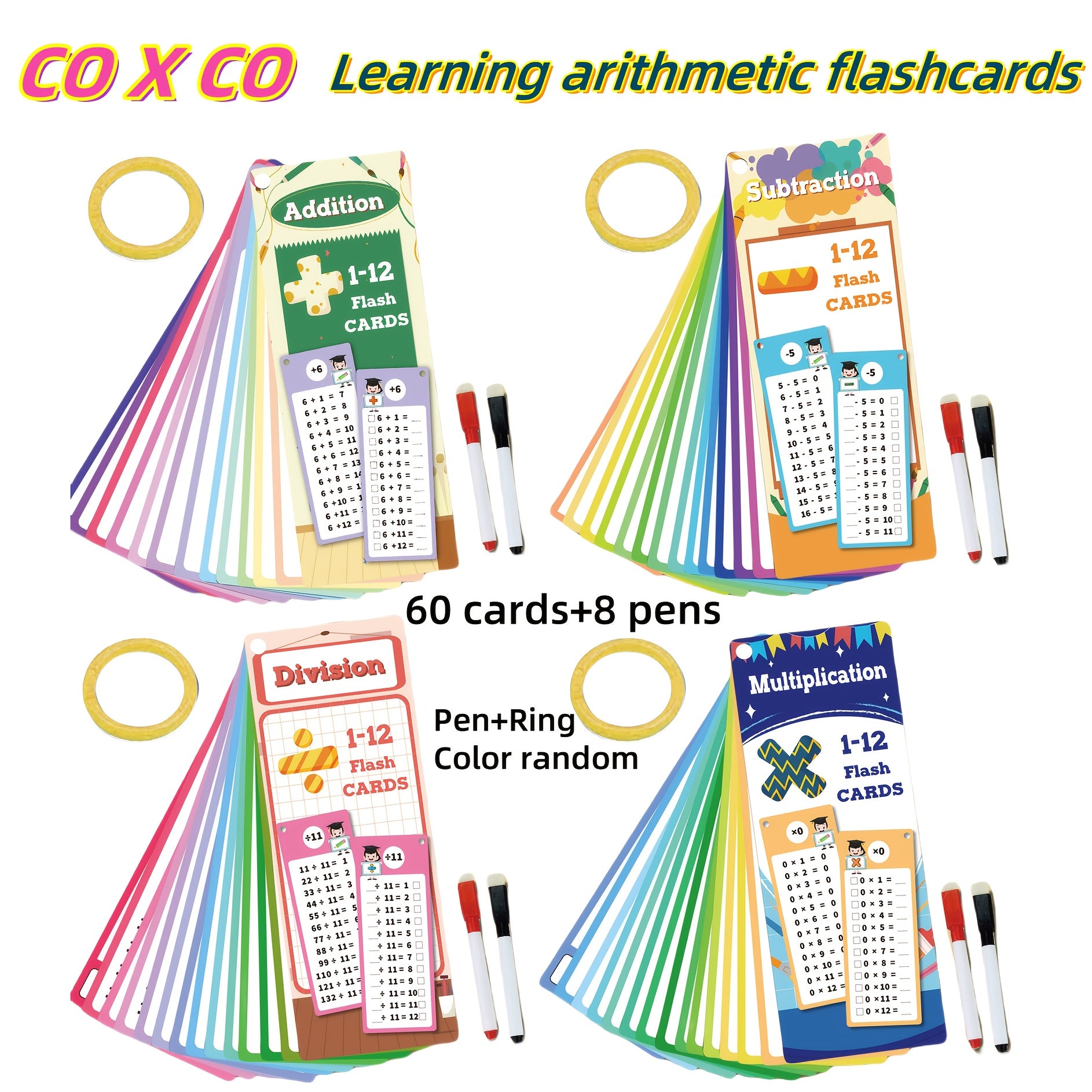 60 Sheets 4pc Math Flashcards Bundle: Add, Subtract, Multiply, Divide