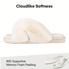 Women's Plush Cross Strap Slippers Open Toe Slip On Warm Winter Home Shoes