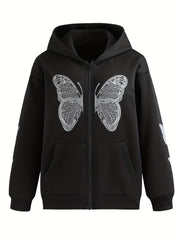Butterfly Print Sweatshirt Y2K Zip Up Hoodie Casual Tops