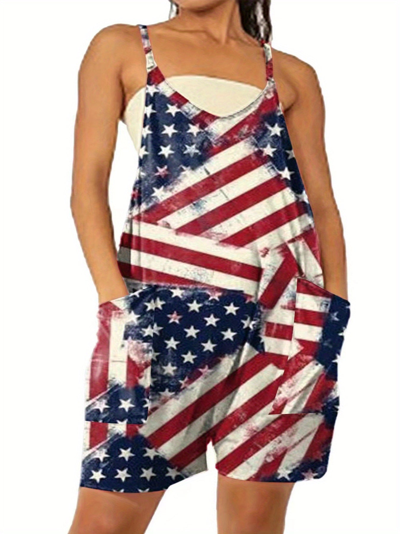  Star & Stripe Print V Neck Romper