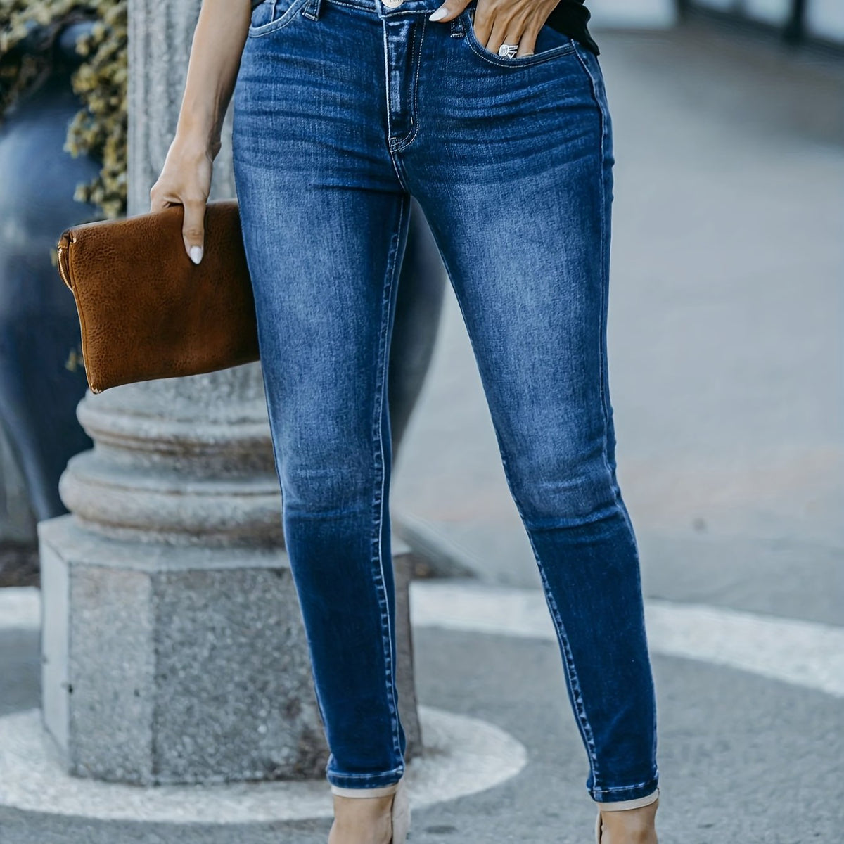  Solid Button Up Stretch Skinny Jeans