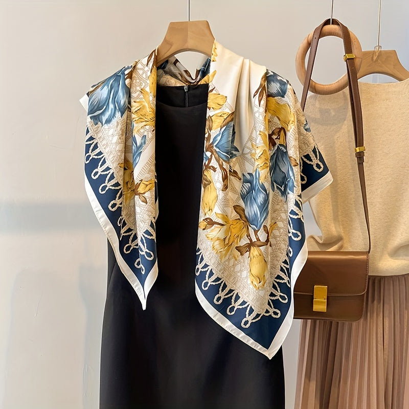 Magnolia Print Silk Satin Square Scarf Head Wrap Sunscreen Travel Beach Towel