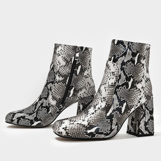 Snakeskin Print Ankle Boots Side Zip Chunky Heel