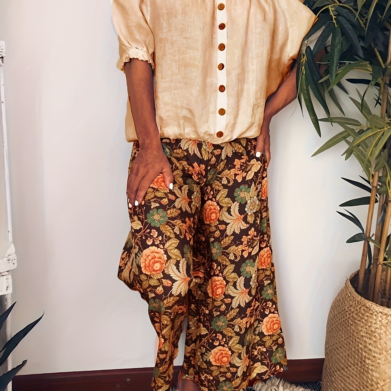  Floral Print Wide Leg Pants