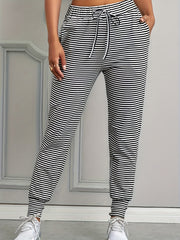  Stripe Print Elastic Drawstring High Rise Jogger Pants