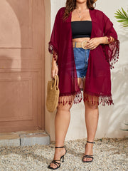  Boho Kimono Women's Plus Solid Short Sleeve Open Front Tassel